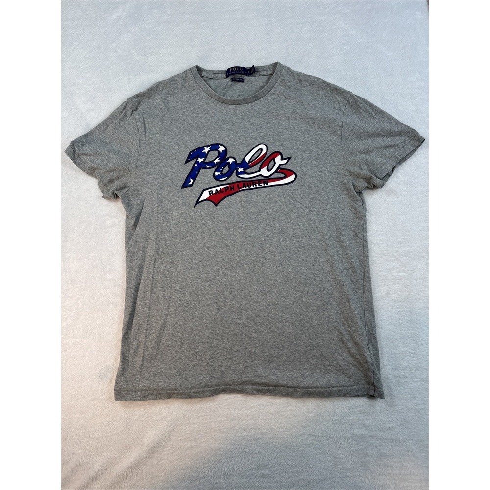 Polo Ralph Lauren Men's T-Shirt Script USA Flag Americana Gray/White Size‎ Small